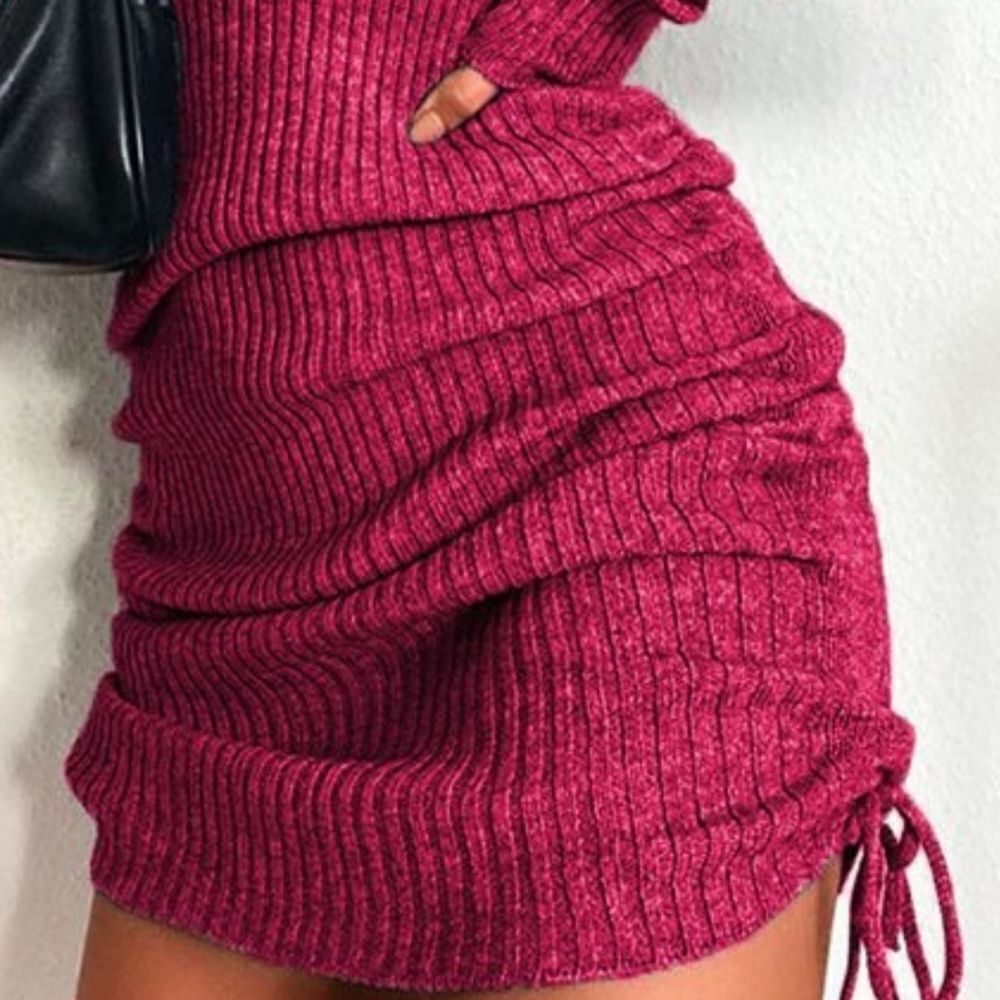 Casual Ruched Sweater Dress Ribbed Knit Drawstring Bodycon Hot Pink size Lg - Picture 2 of 10